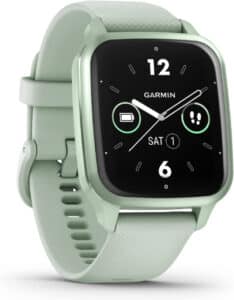 Garmin Venu Sq 2 - Montre connectée GPS Multisports avec écran AMOLED et Suivi santé - Metallic Mint avec Bracelet Vert d’Eau - Boîtier 40 mm